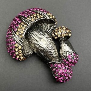 Silver with Fuchsia and Champagne Topaz Crystal Double Mushroom Pin Back Brooch